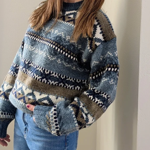 Vintage Abstract Geometric Chunky Textured Crewneck Sweater In Sky Blue/Tan - Picture 2 of 8